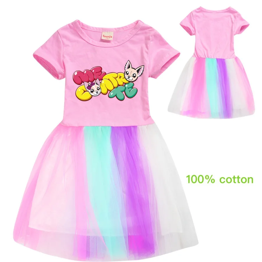 

Me Contro Te S Kids Clothes Knee-Length Dresses Cute Cotton Rainbow Full Dress Teenagers Cartoon Baby Girls Party Clothing