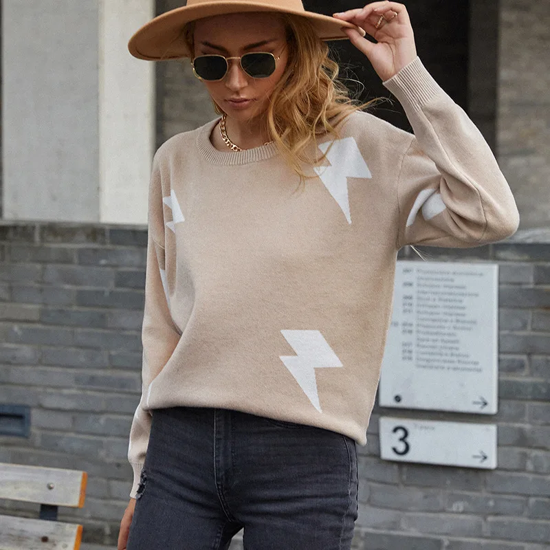 

Chic Tops Autumn Thin Pullover Jumper Trendy Print Long Sleeve O-neck Ribbed Knitted Basic Sweaters Female Off Shoulder Sweater
