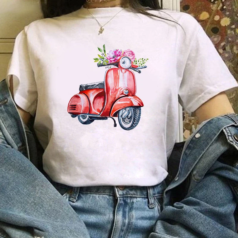 

Cartoon motorcycle Printed Women T Shirt Aesthetic Tshirts Short Sleeve Casual White Top Tee Female Harajuku T-Shirts