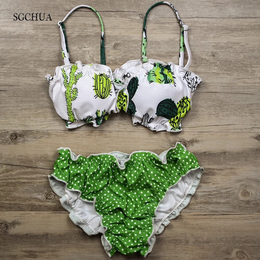 Женский купальник SGCHUA бикини с плиссированным принтом бантиком и зеленым