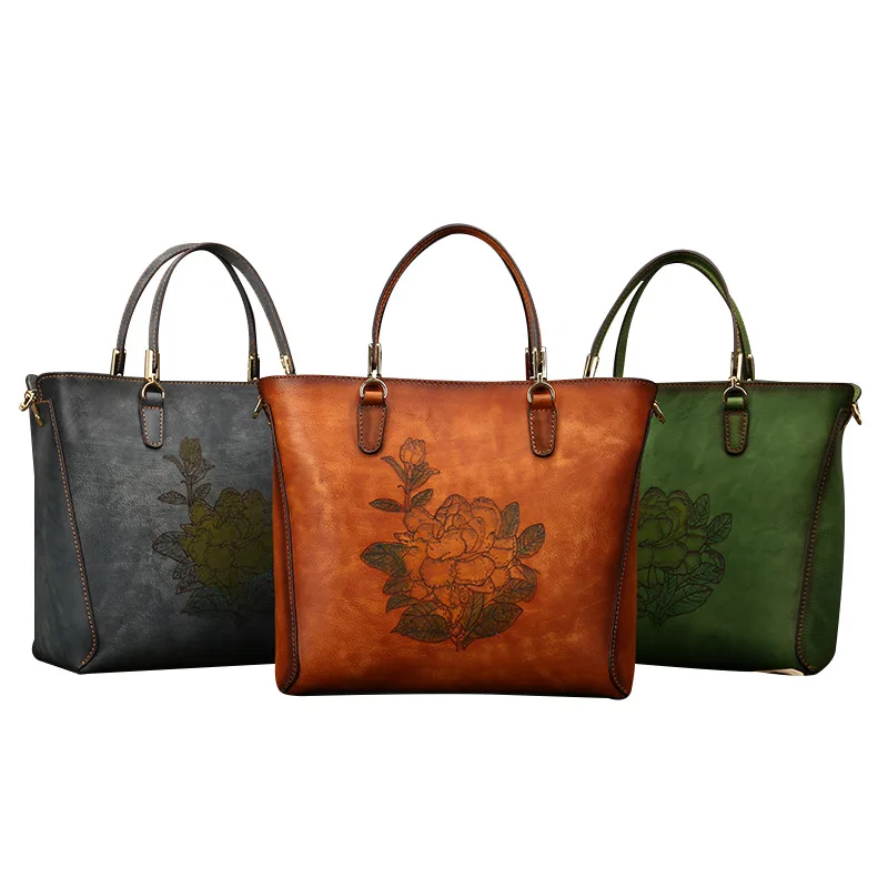 Johnature 2021 New Retro Hand Painted Women Bag First Layer Cow Leather Luxury Handbag Large Capacity Casual Tote Shoulder Bags |