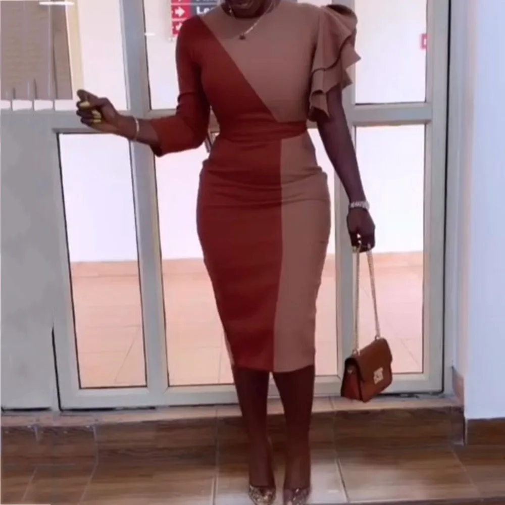 Женское облегающее платье с оборками оранжевое в африканском стиле элегантное