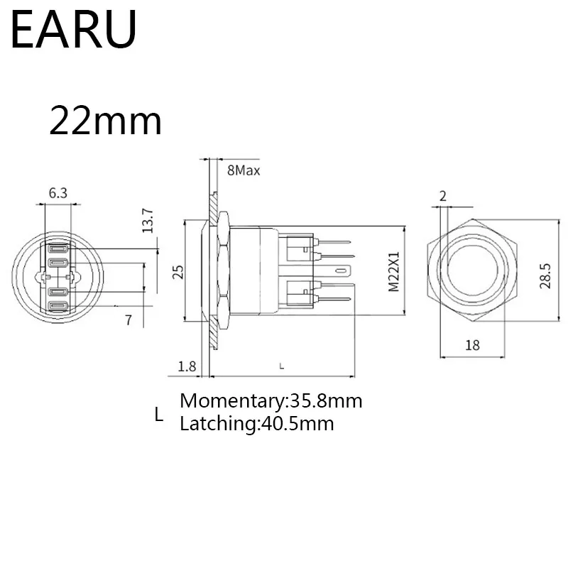 Водонепроницаемый металлический кнопочный высветодиодный ель 22 мм