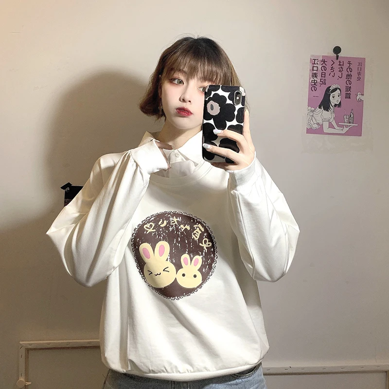 Cute Anime Hoodies Teens Girl Kawaii Rabbit Women's Sweatshirt Soft Long Sleeve Bunny Sweetshirt Green Pink Pullovers 2021 New