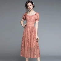 new women lace dress summer 2021 elegant fashion young style square collar short sleeve empire waist a line slim long dress