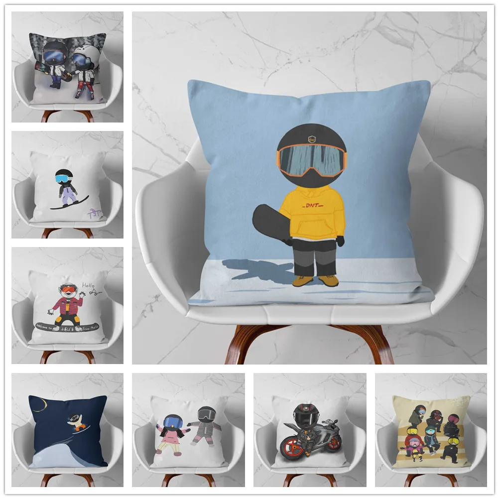 

Big Head Skiing Character Cartoon Pattern Soft Short Plush Cushion Cover Pillowcase Home Sofa Car Decoration Pillowcase 45X45Cm
