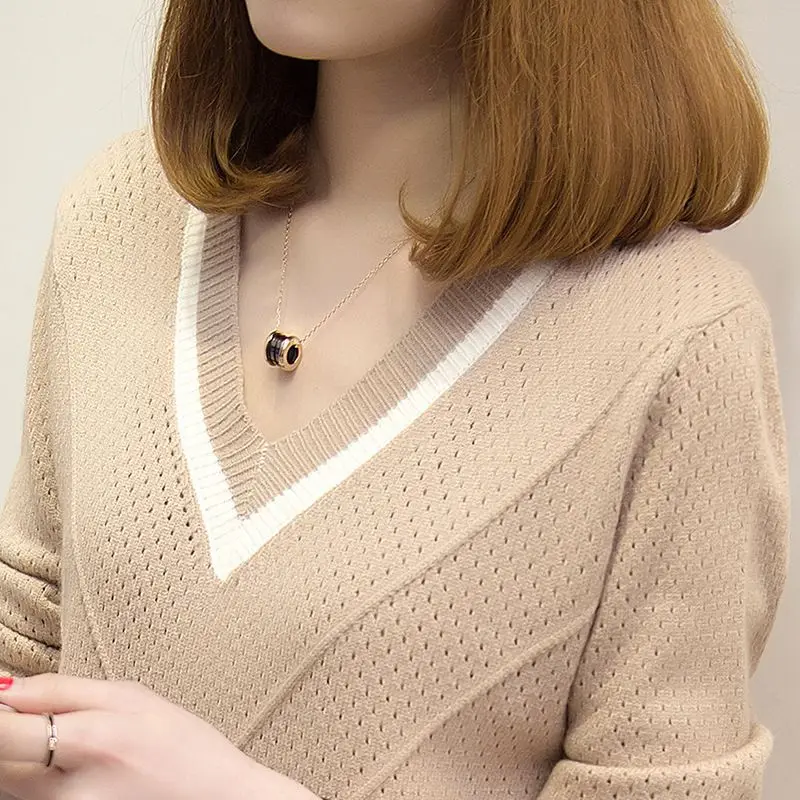 

Autumn Winter Women Warm Hollow Sweaters Female Loose Knitted Pullovers V-neck Small Fresh Sweater
