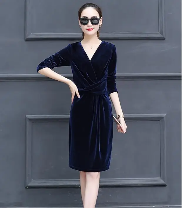 

2018 Winter Women Dresses Elegant Velvet V-neck Long Sleeve Sexy Vintage Warm Female Dress