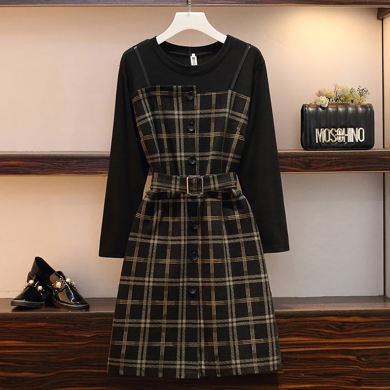 Женское платье с завышенной талией двойка в клетку фальш вставкой и поясом стиле