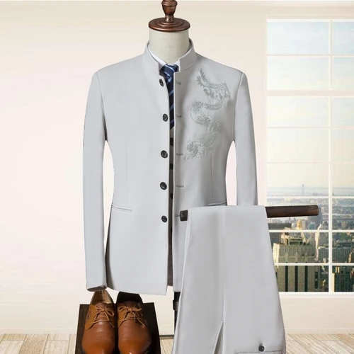 beige 3 штуки, китайский стиль, воротник-стойка, мужские костюмы, мужская мода, китайский дракон, вышитый, классический, бизнес, свадебное платье для мужчин - Цвет: beige