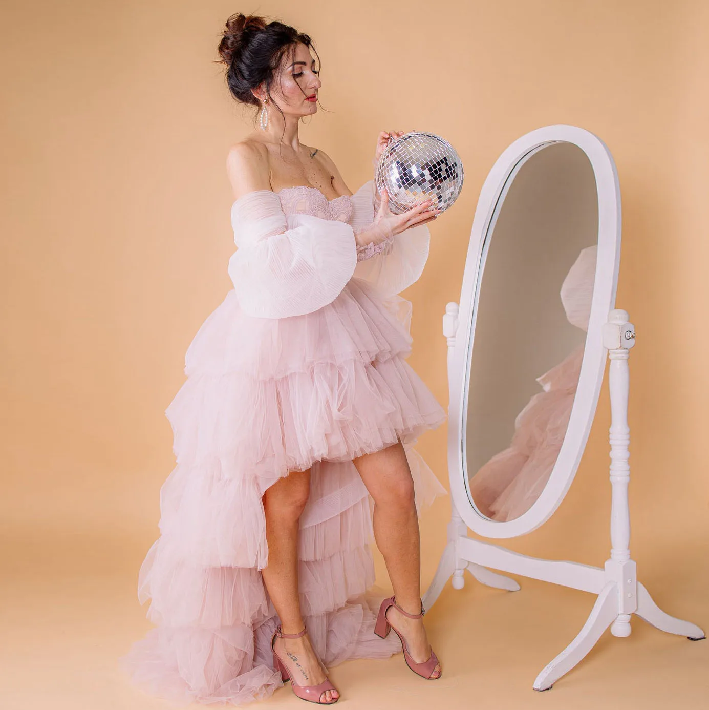 

Blush Tulle Prom Dress Mommy and Me Dress High Low Ruffle Formal Tulle Tiered Gown Photoshoot Dress Matching Mother Daughter