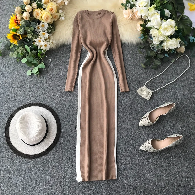 Женское трикотажное платье ALPHALMODA винтажное миди-платье с длинными рукавами в