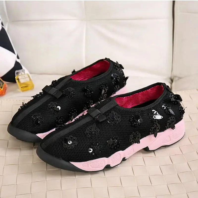 Free Shipping Celebrity Same Paragraph Summer Handmade Mesh Shoes Embroidery Women Casual Flats Sequin Heavy-bottomed For Small Size 33-41 Female |