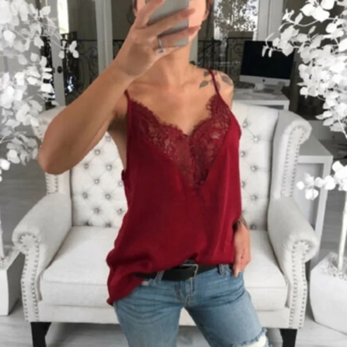 Women Lace Vest Strappy Sleeveless V Neck Loose Slim Fit Tank Tops for Summer KNG88