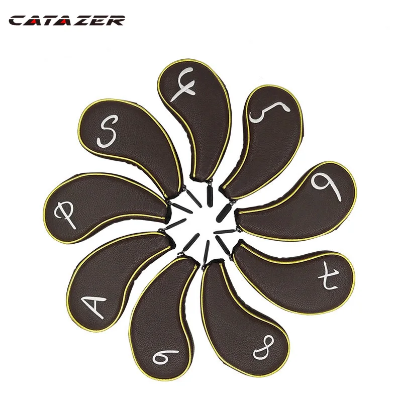 Iron Cover 9pcs Golf Brown Pu Zipper Leather Texture Iron Co