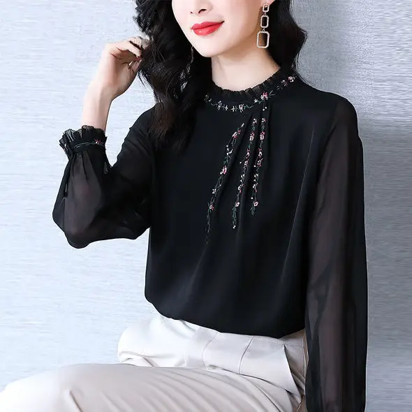 Женская рубашка из искусственного шелка Новинка весна-осень 2022 Ретро с вышивкой