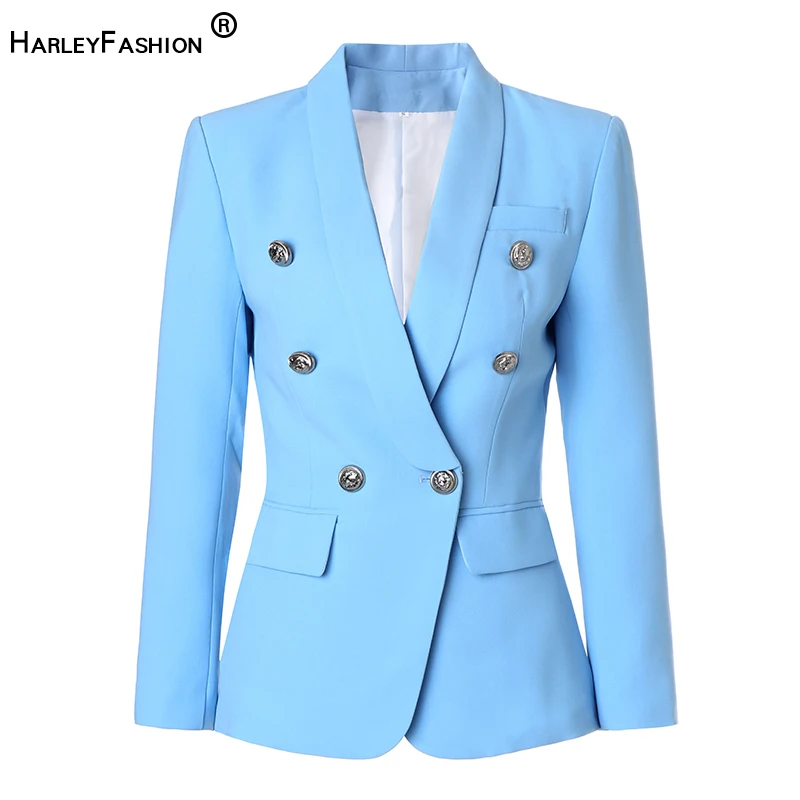 HarleyFashion Women European High Street Light Blue Blazer Shawl Collar Double Breasted Buttons Quality Slim Blazers
