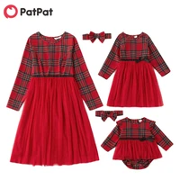 patpat 2021 new arrival mosaic mommy and me plaid mesh new year matching dresses family look sets festival party dress