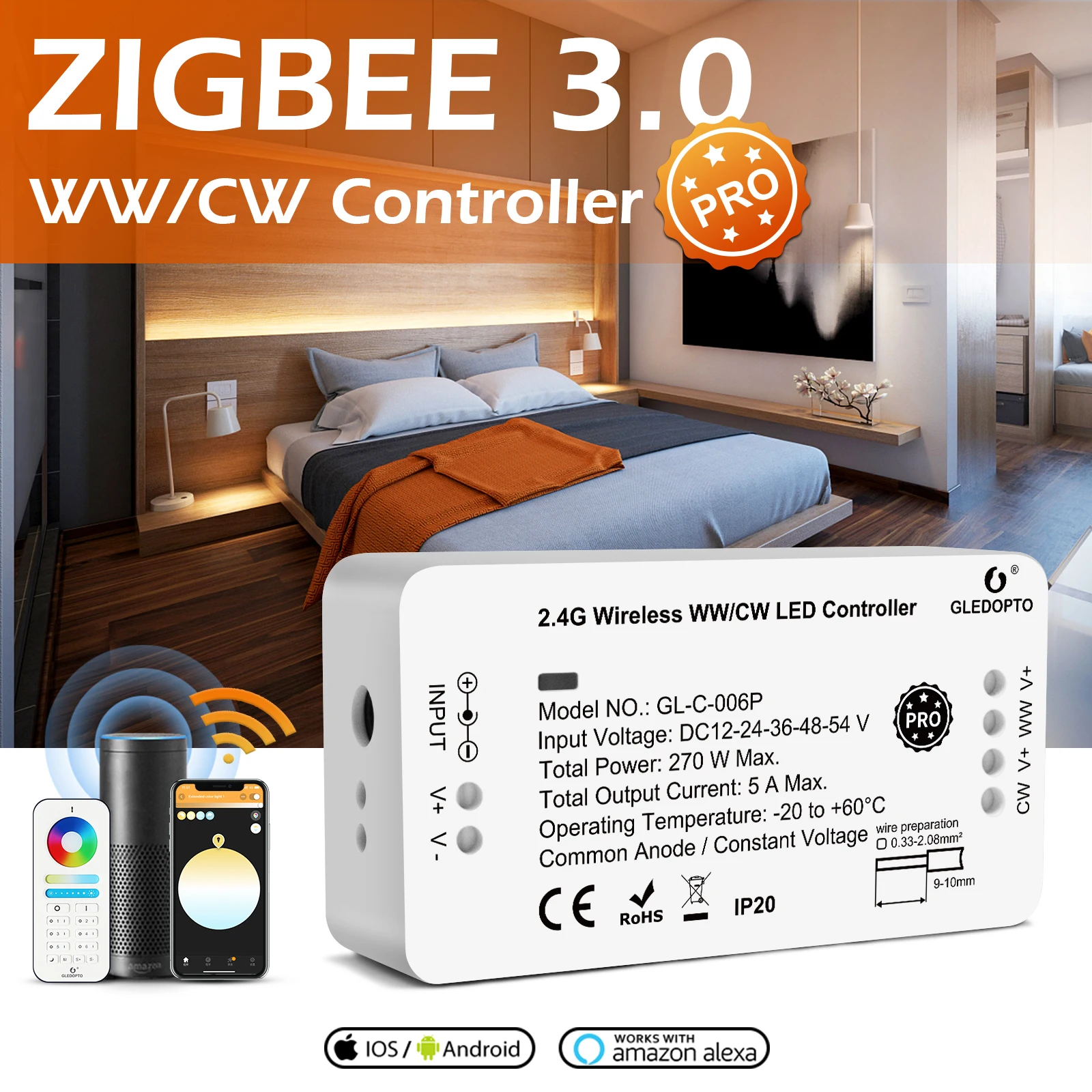 

Контроллер GLEDOPTO Zigbee 3,0 Smart Pro WW/CW, теплый белый холодный белый светильник, работа с Alexa Echo Plus, Радиочастотный пульт дистанционного управления ...