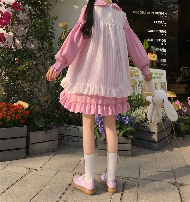 

Japanese Lolita Style Women 2 Pcs Net Yarn Mini Dress 2020 Autumn Peter Pan Collar Ruffles Cute Kawaii Cosplay Girl'S Dresses