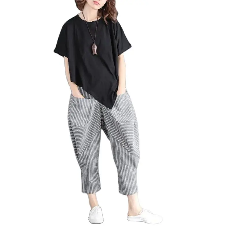 

Модный комплект из двух предметов Женская летняя обувь 2021 Новый укороченный топ комплект из двух предметов, свободные футболки с коротким р...