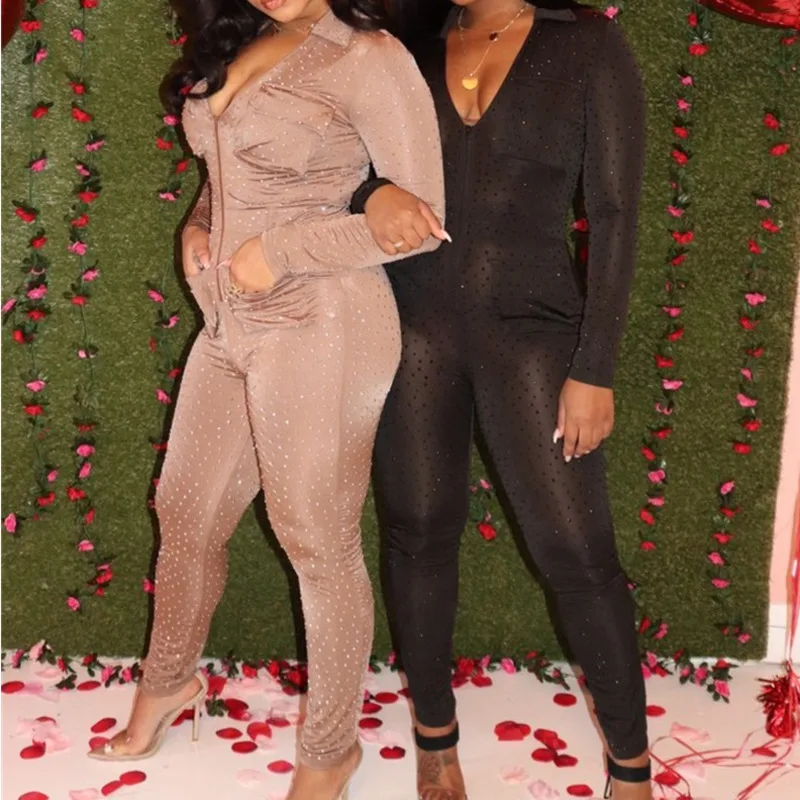 Женский Блестящий Комбинезон на молнии спереди клубный комбинезон с блестящим