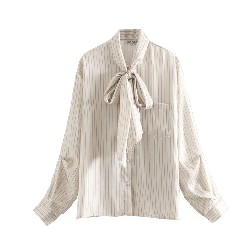 Новая весенняя Женская Полосатая Повседневная Свободная деловая блуза с бантом