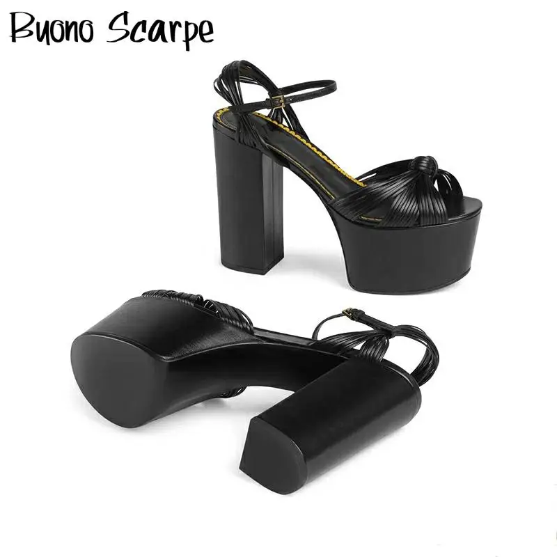 

Peep Toe High Platform Leather Female Sandals Thin Belt Party Prom Dress Sandals Women Platform Block Super High Heels Shoes New