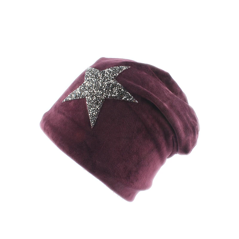 Новая мода бархатные Skullies Beanies Зимние шапки для женщин Звездный дизайн громоздкая шапочка женские шапки