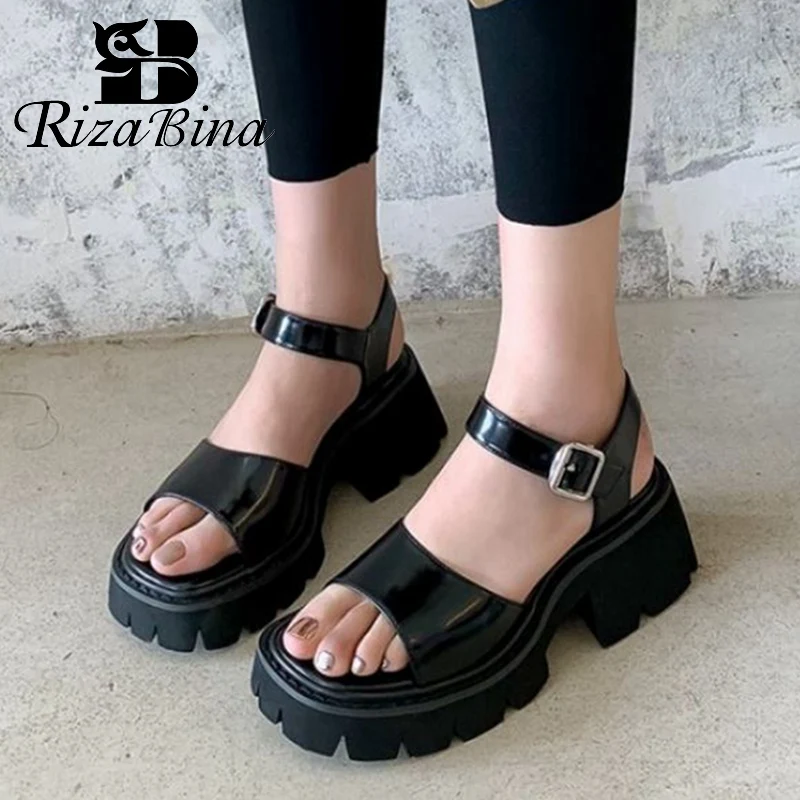 

RizaBina Women Sandals Real Leather Buckle Strap High Heels Summer Shoes Woman Street Fashion Platform Lady Footwear Size 34-39