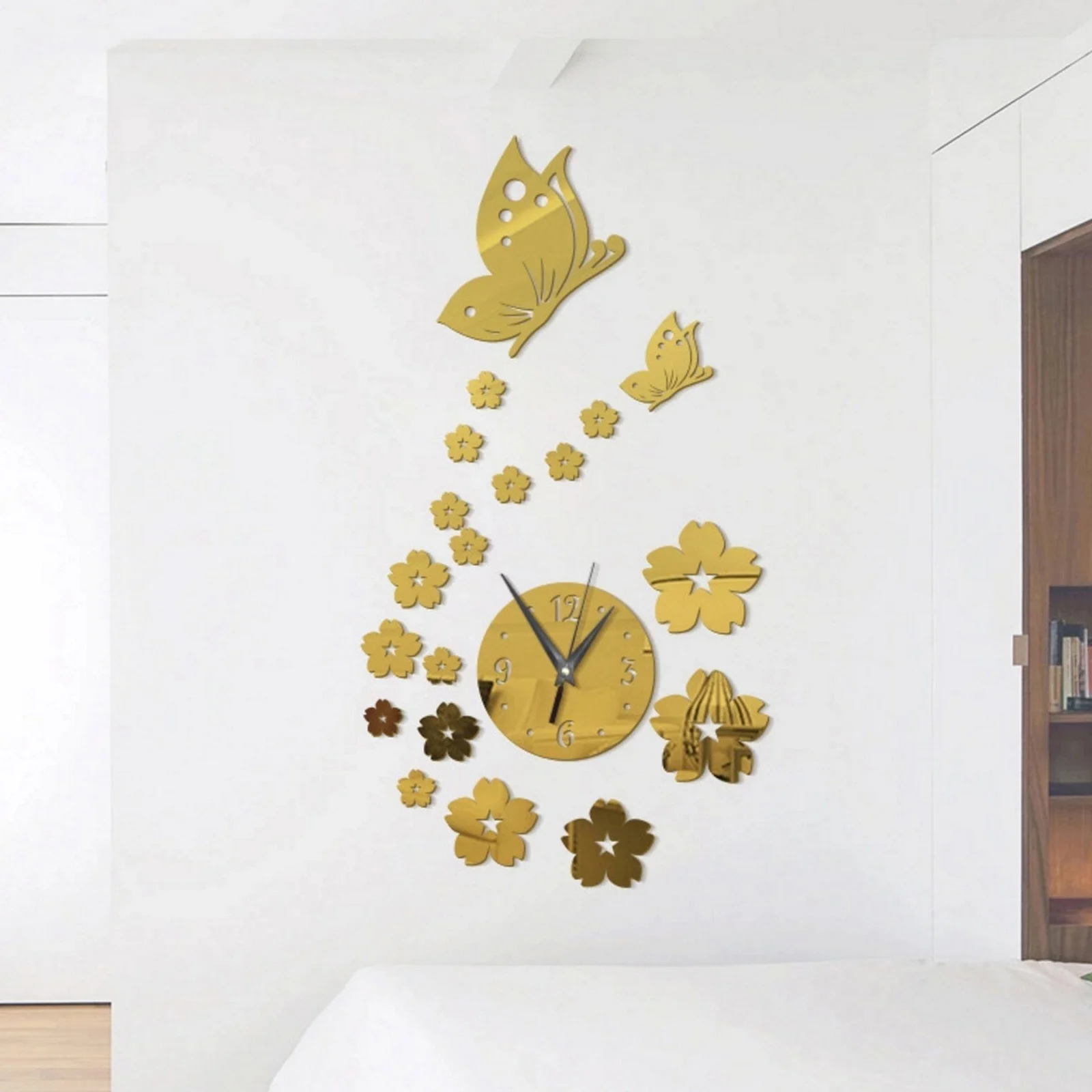 

Зеркальные настенные часы для гостиной, модные креативные настенные акриловые часы «сделай сам» с бабочками, бесшумные кварцевые часы для ...