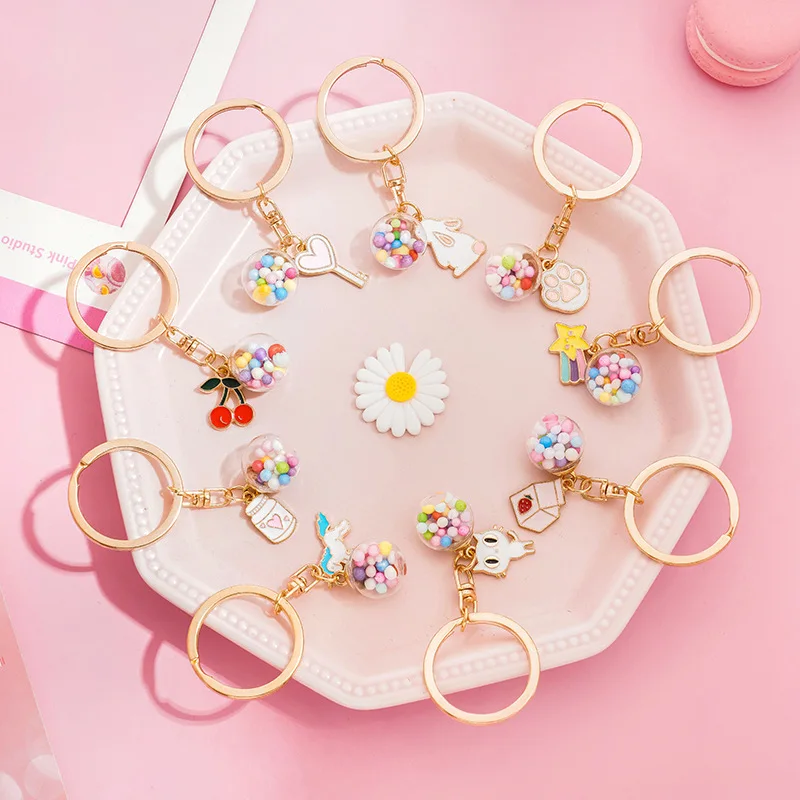 

Creative Fruit Keychain Contracted Cute Cartoon Glass Ball Girl Backpack Car Key Accessories Pendant Charm Metal Keyring Gift