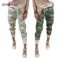 sebowel fashion casual womens camouflage pants with pockets female drawstring elastic waistband trousers lady camo print pants