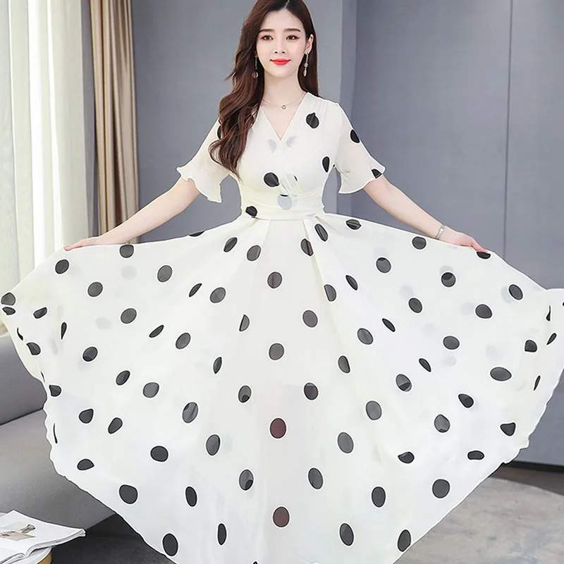 

2022 Summer New Elegant Long Women V-neck Polka Dot Short Sleeve Chiffon Dress Ladies 4XL Casual Waist Office Dress Vestidos