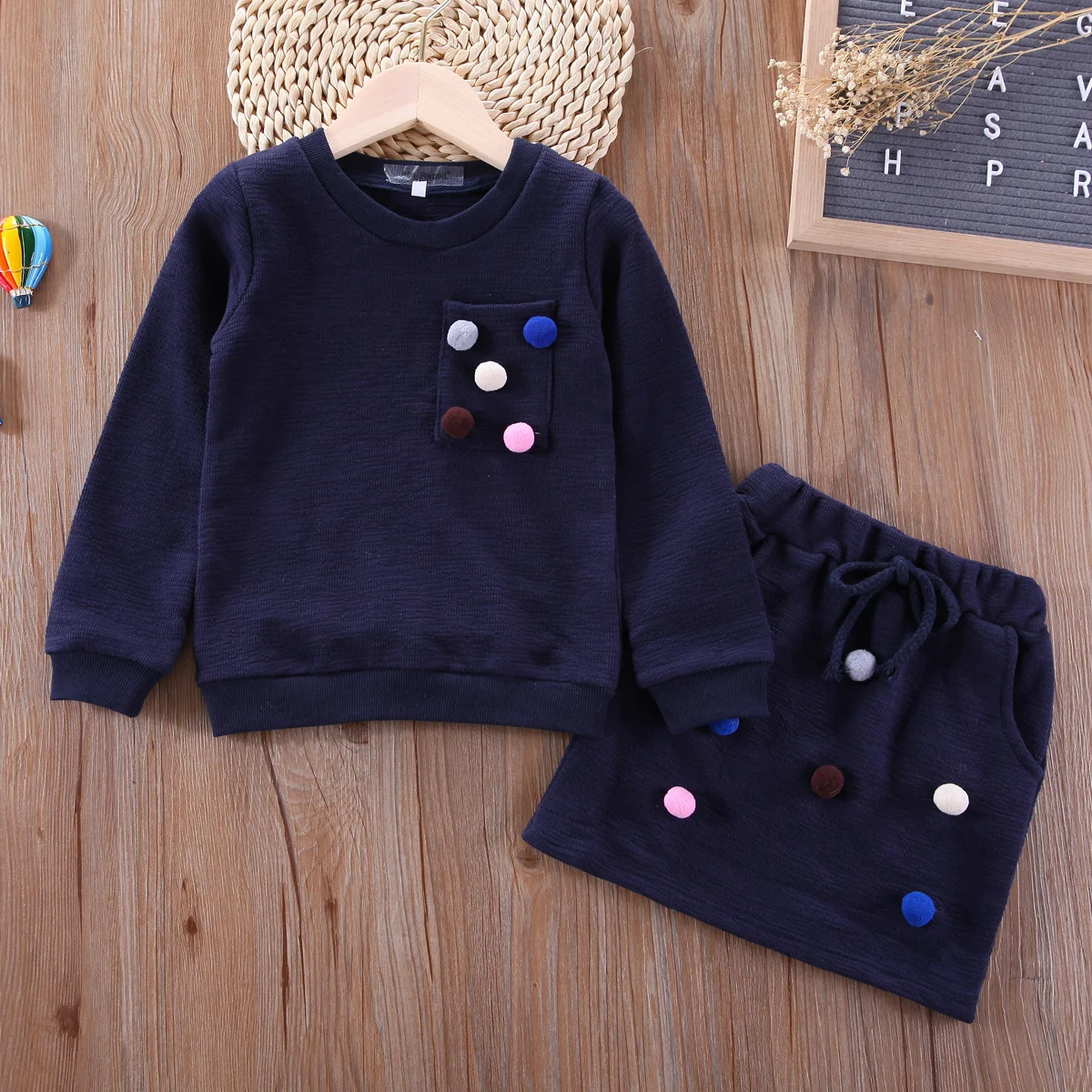 

Girl Navy Blue Sweater Set Of 3-7 Year Old Cute Hair Ball Long-sleeved Top And Skirt 2 Piece Sets Kids Dresses For Girls