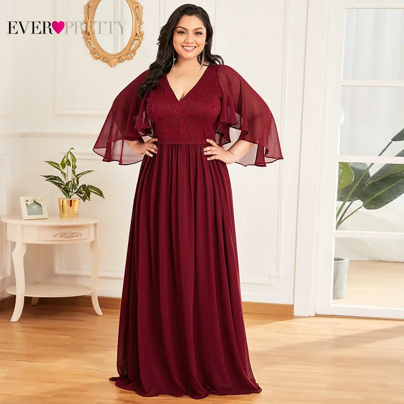 

Mother Of The Bride Dresses Plus Size Ever Pretty EP00640 Elegant A Line V Neck Cap Sleeve Lace Ruffles Long Wedding Party Dress