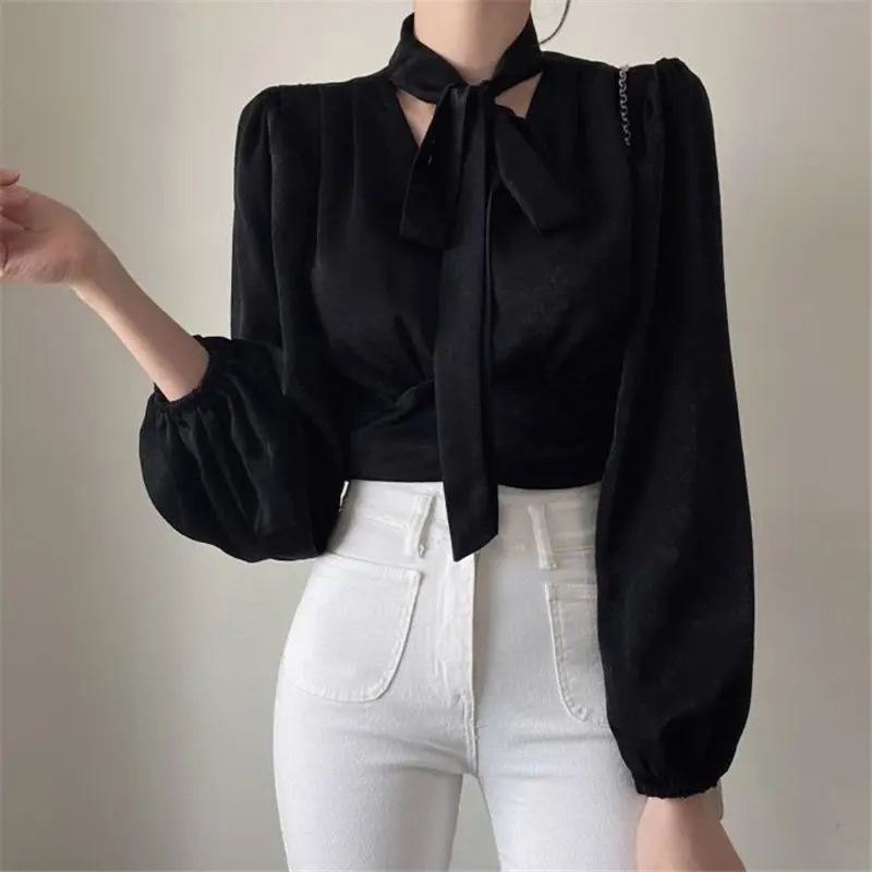 

Harajuku Minimalist Korean Chic Elegance All Match Women OL Brief Female High Quality Streetwear Solid Sexy Shirts With Scarf