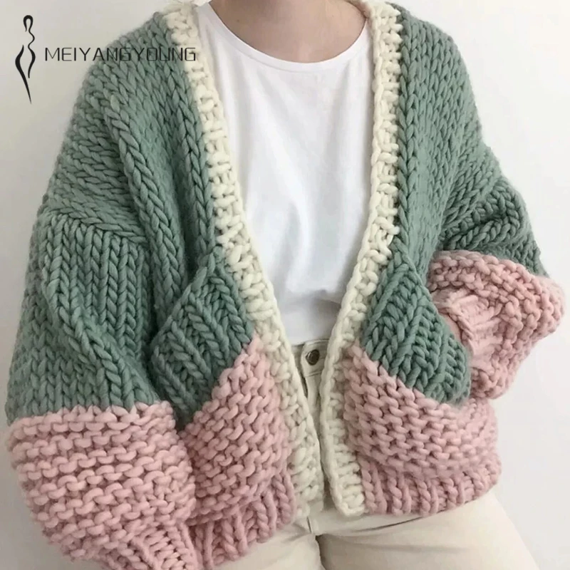 

MEIYANGYOUNG Handmade Knitted Cardigan Women Coat Autumn And Winter Thickened Loose Knitting Sweater Oversize ladies Jackets