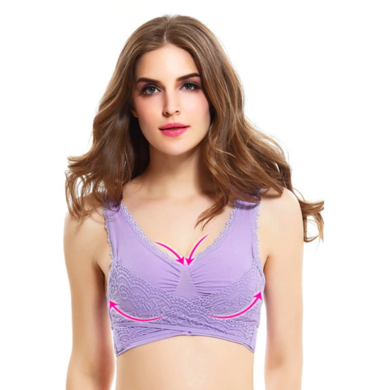 

Sexy Lingerie Women Underwear Lace Solid Color Cross Side Buckle Wireless Push Up Breathable Sleep Sports Bra