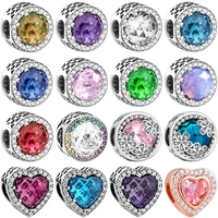 colored round heart stone cz s925 silver charms beads pendant fit original charms bracelets for necklace women girl jewelry gift