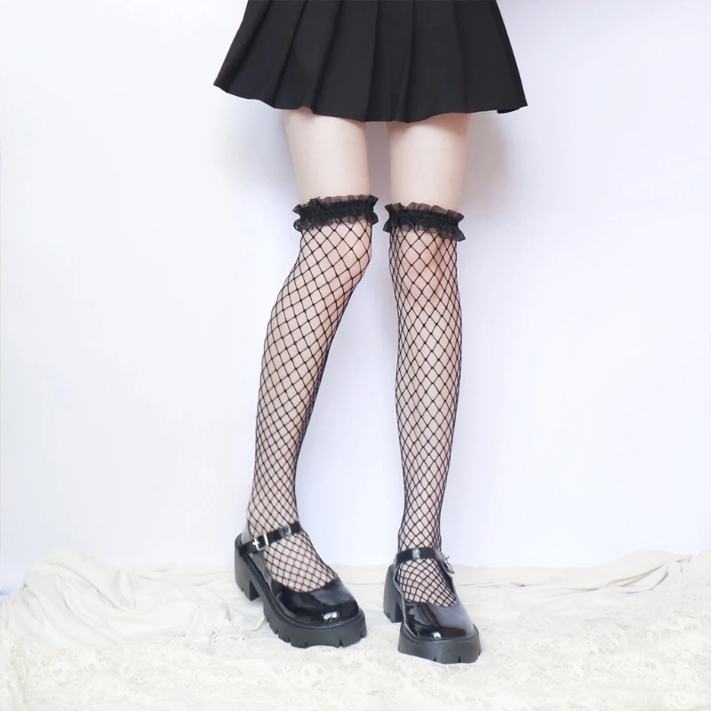 

Q1FA Japanese Women Student Fishnet Thigh High Stockings Anime Lolita Kawaii Sweet Ruffles Trim Hollow Out Mesh Transparent Over