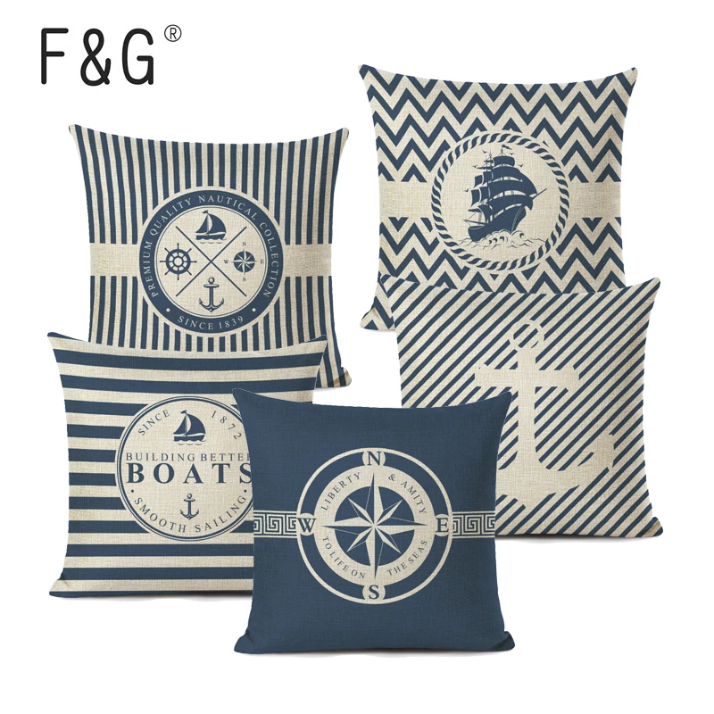 Наволочка в синюю полоску с компасом лодкой декоративные подушки морском стиле