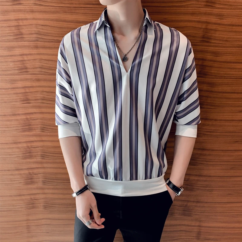 Рубашка мужская в британском стиле пикантная полосатая блуза с V образным