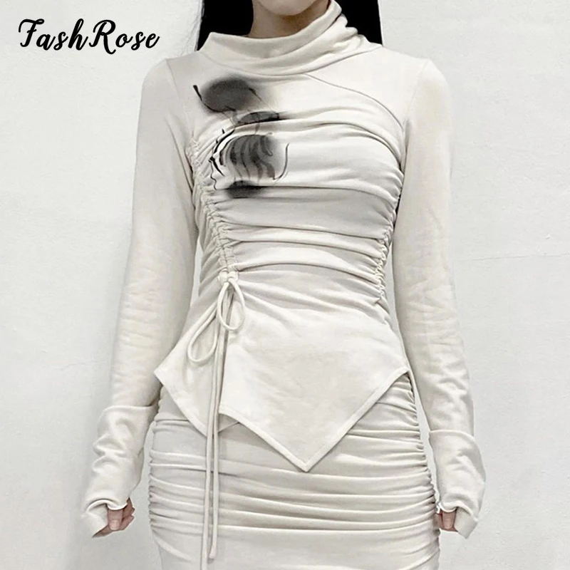 

FASHROSE Fairy Grunge Goblincore Ruched T-Shirts Drawstring Pattern Long Sleeve White Asymmetrical Top Y2K Retro Turtleneck Slim