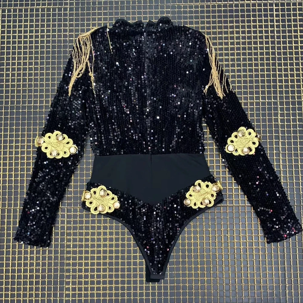 2019 New Fashion Black With Gold Patchwork Sequin Bodysuit Luxury Beads Tassel Bodycon Women Club Bodysuits Wholesale Dropship