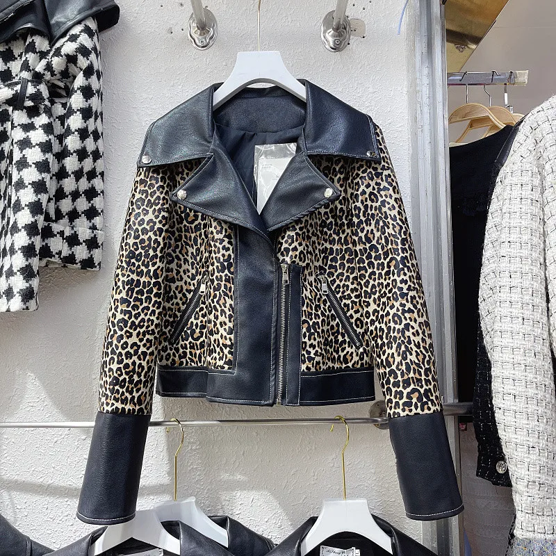 

Autumn 2021 Vintage Leopard Print Patchwork PU Leather Coat Women Short Outerwear Slim Lapel Long Sleeve Motorcycle Biker Jacket