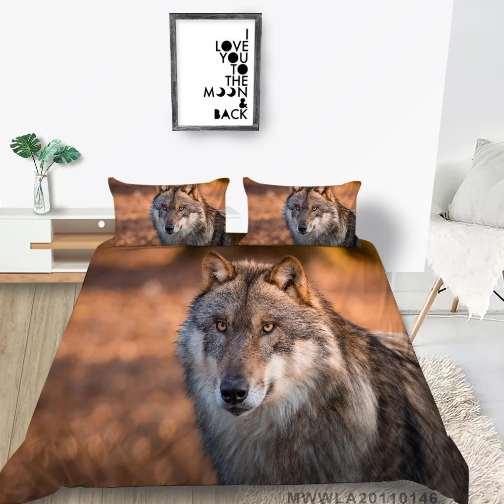 

King Size Bedding Set 3D Furry Wolf Lifelike Warm Color Duvet Cover Nature Queen Twin Full Double Single Bed Set Hot Sale
