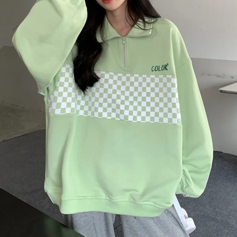 

Women Harajuku Hoodies Pullovers Ladies Turn Down Collar Autumn Winter Korea Casual Loose Sweatshirt Plaid Famale Streetwear