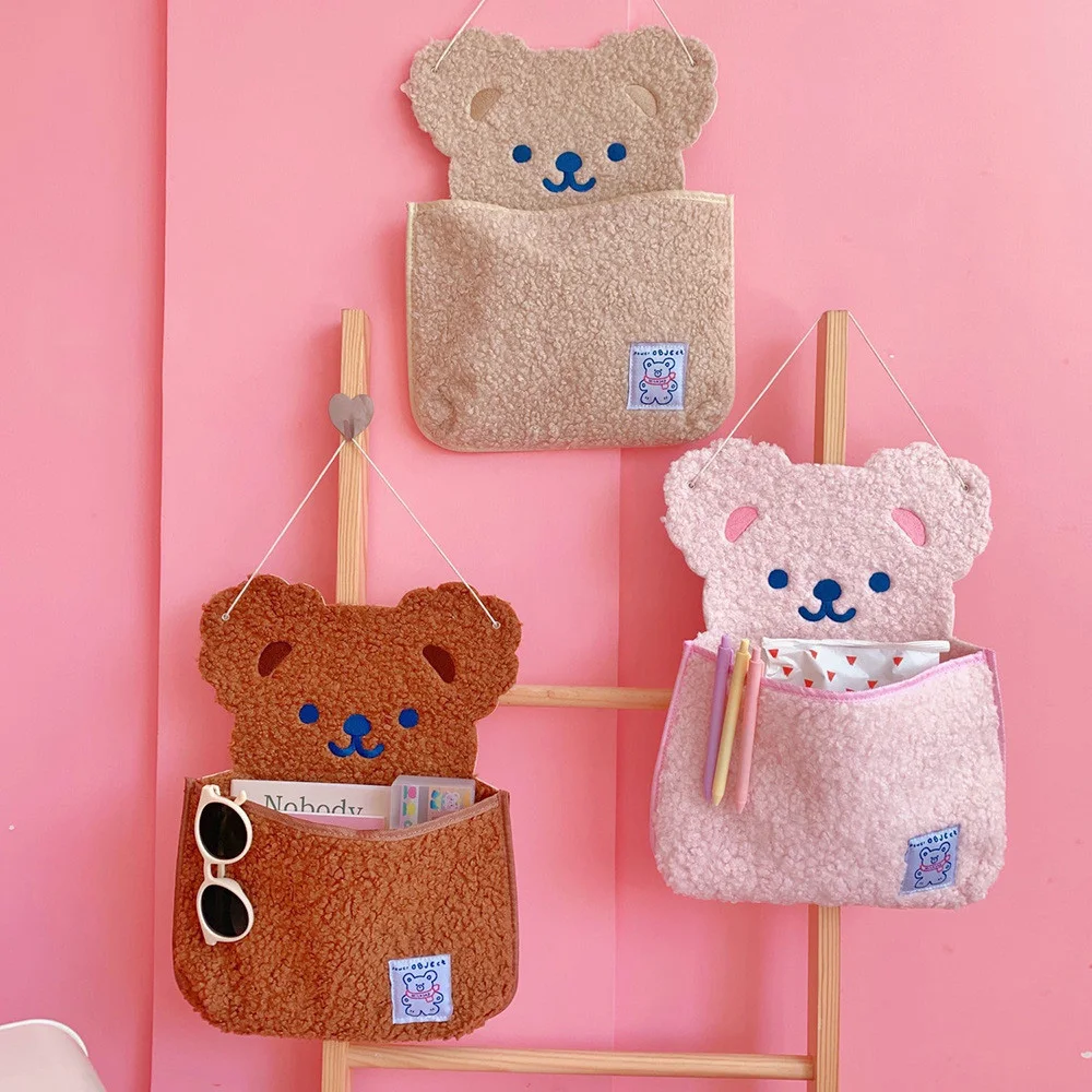 

1pc Wall-mounted Storage Bag Plush Bear Shape Planner Pen Holder Desktop Storage Bag Office Supplies Desk Organizer Storage