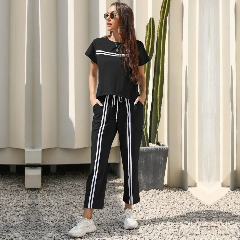 

Summer 2021 Sport Two Piece Suit Loose Waist Sweatshirt Casual Gray Drawstring Sweatpants Women Baggy Folds Short Sleeve Shirt